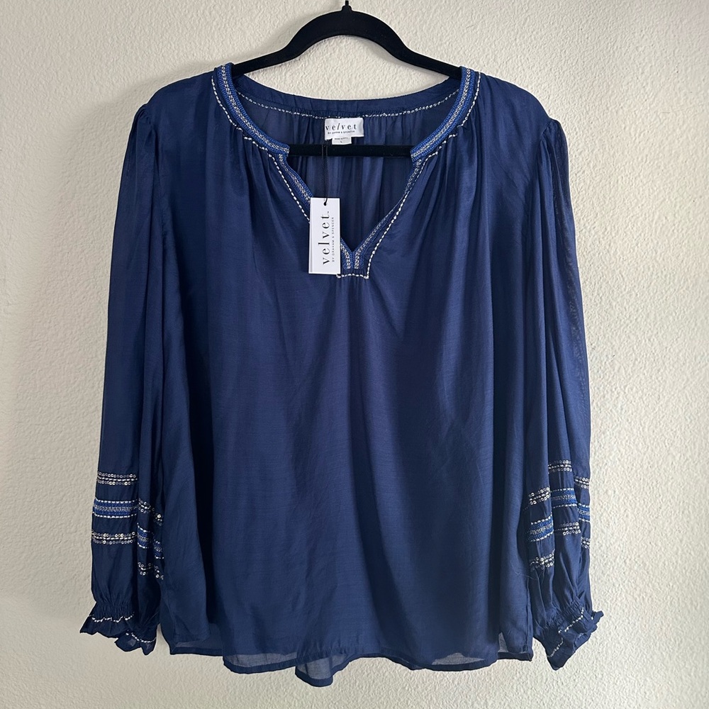 Velvet by Graham & Spencer Navy Embroidered Blouse